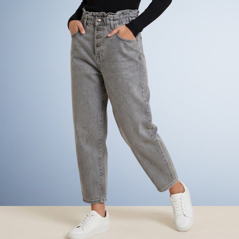 Zara Gray High-Waisted Paperbag Barrel Denim Jeans Button Fly Size 6
